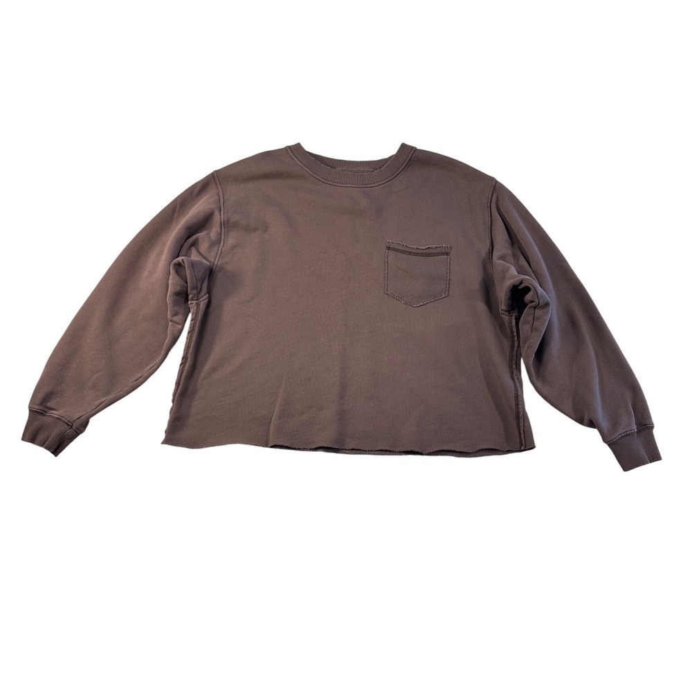Aerie Brown Raw Hem Cropped Pocket‎ Crewneck Sweatshirt Womens Medium - Picture 2 of 6